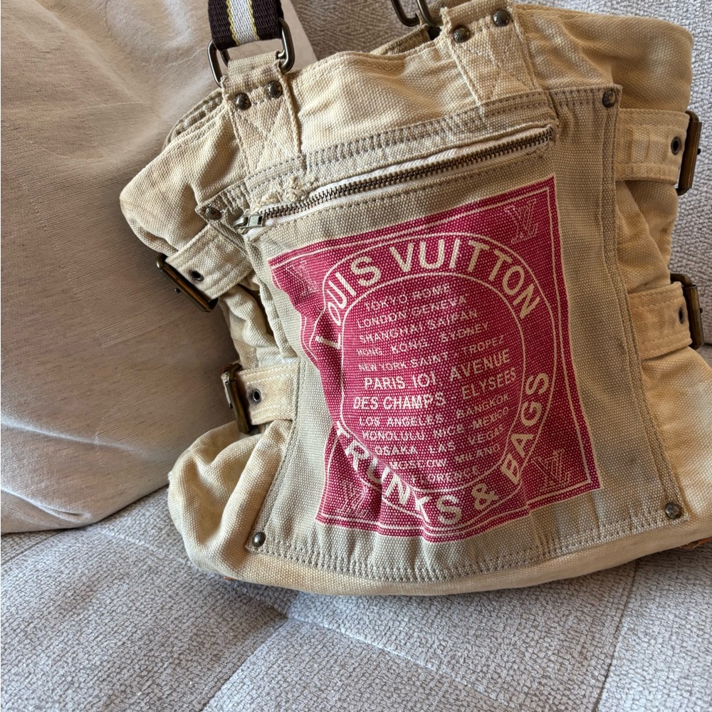 Louis Vuitton Tan Canvas Bag with Red Print